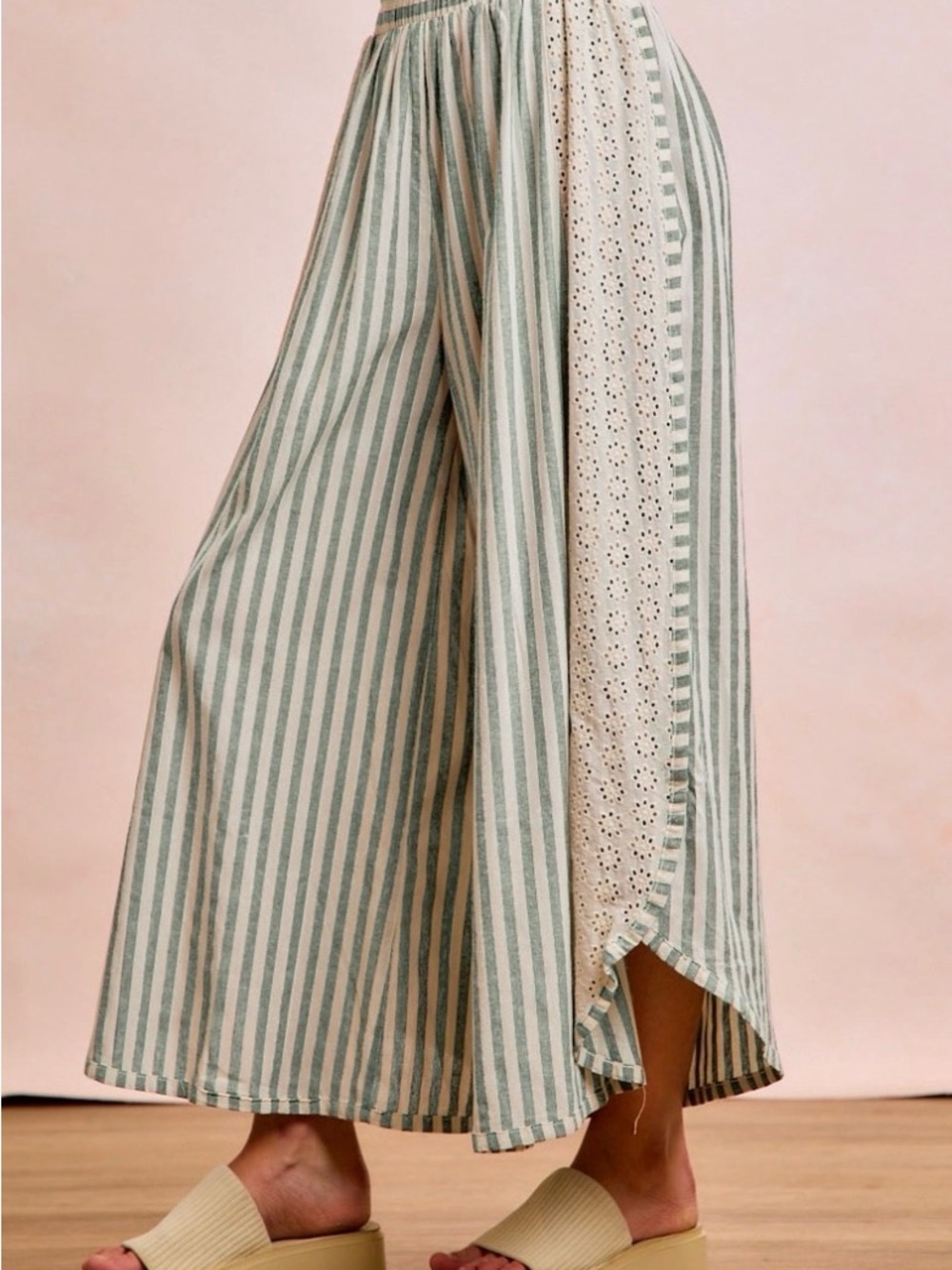 BiBi Sage and Cream Striped Wide-Leg Cropped Pants